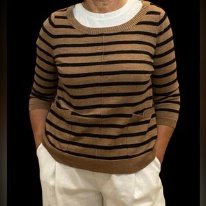 100% Merino Wool Tan and Black Striped Sweater front pockets back zipper Size M